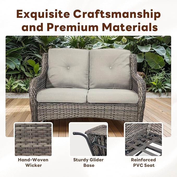 4 Piece Patio Furniture Set with Fire Pit Table - 41inch 50000 BTU Propane Fire Pit Table with High Back Loveseat Glider Chair and 2 Swivel Rocker Chair for Casual Gathering