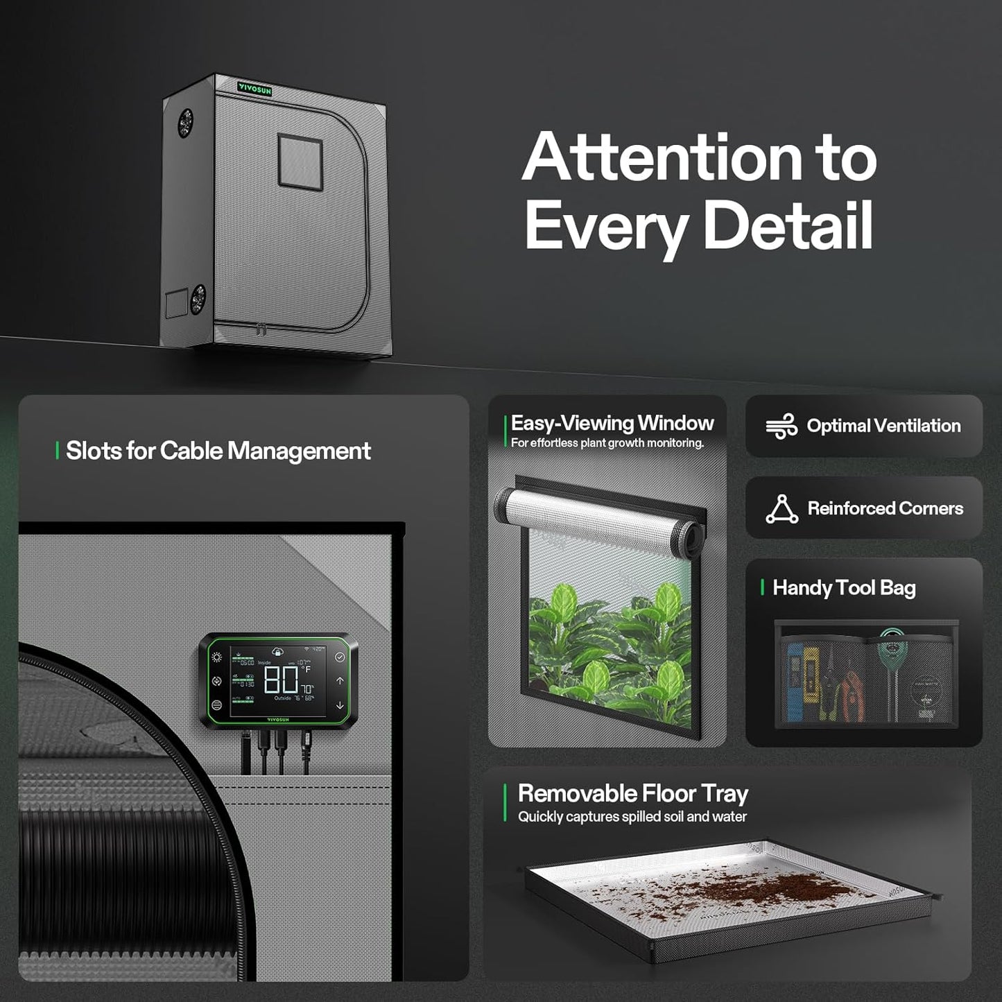 VIVOSUN G425 48"x24"x60" Grow Tent, 4x2 FT Advanced Gray Grow Tent with 19mm Poles, Observation Window and Floor Tray for Hydroponic Plants for VS2000