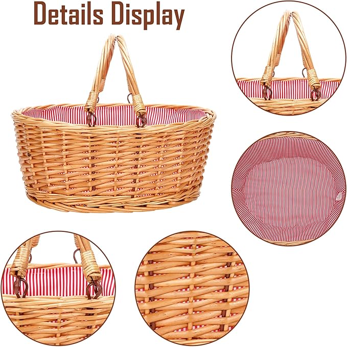 Wicker Picnic Basket with Double Folding Handles, Natural Large Willow Hamper Empty Basket Cheap Easter Eggs Candy Storage Wine Basket for Toy, Flower, Wedding(Red 16inch)