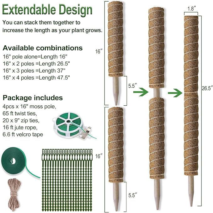 Moss Pole 47.5 Inch - Monstera Plant Support, 4 Packs 16 Inch Plant Stakes for Indoor Plants Coco Coir Moss Pole Sticks for Climbing Potted Live Plants, Pothos, Philodendron, with Garden Ties