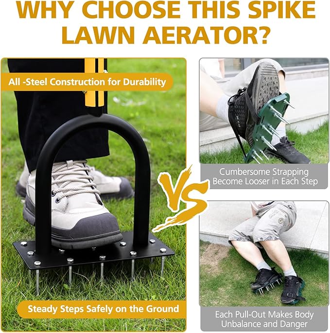Lawn Aerator Spike Metal Manual Dethatching Soil Aerating Lawn with 15 Iron Spikes, Pre-Assembled Grass Aerator Tools for Yard, Lawn Aeration, Garden Tool, Revives Lawn Health(Black + Yellow01)