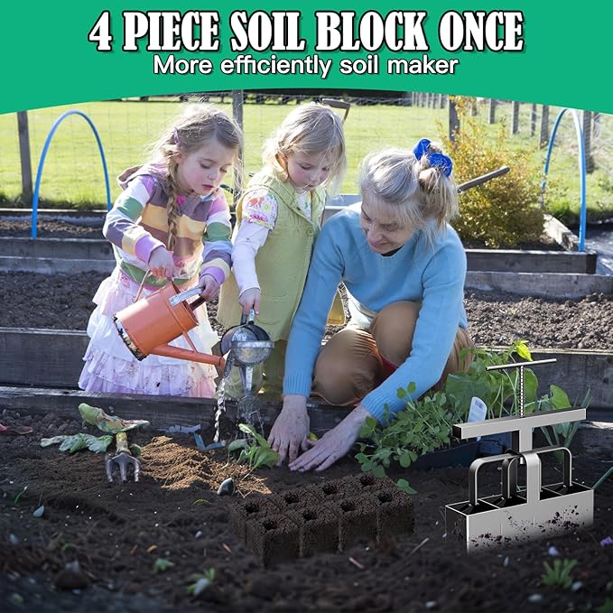 Soil Blocker, 4 Cell Hand Held Soil Blocker Come, 2 Inch Molds Soil Blocking Tool for Seeding, Germination,Grow Seedling,Stainless Steel Material
