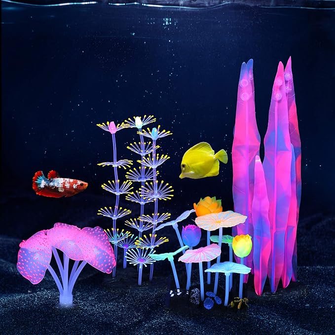 Lpraer 4 Pack Glow Aquarium Decorations Coral Anemone Lotus Leaf Seaweed Simulation Glow Plant Glowing Effect Silicone for Fish Tank Decorations
