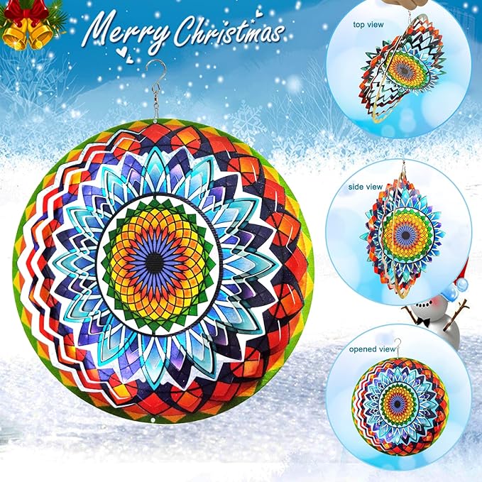 FONMY Wind Spinner Mandala Sun Flower 12 inches – 3D Stainless Steel – Laser Cut Metal Art Geometric Pattern - Hanging Wind Spinner, Kinetic Yard Art Decorations - Indoor/Outdoor Décor