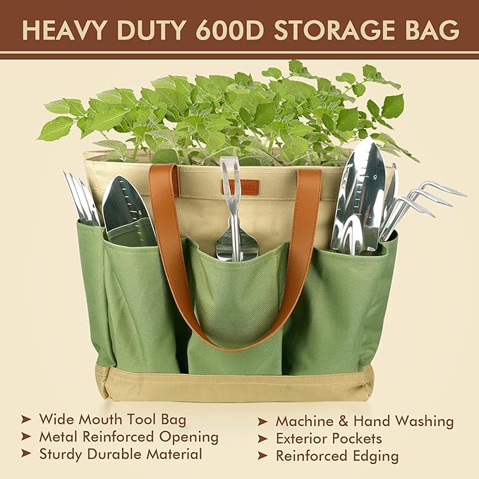 YAUNGEL Gardening Tools - 10 Pcs Garden Tool Set Heavy Duty Stainless Steel Garden Supplies Hand Tools with Wooden Handle, Storage Tote Bag, Gardening Gifts for Women and Men