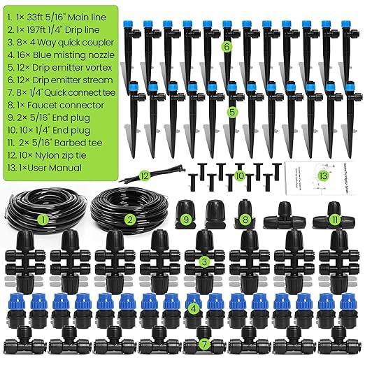 Bonviee 230FT Drip Irrigation System with Quick Connector, New Automatic Drip Irrigation Kits for Garden Raised Bed- A Complete Watering System with 5/16β and 1/4'' Tubing, Drip Emitters
