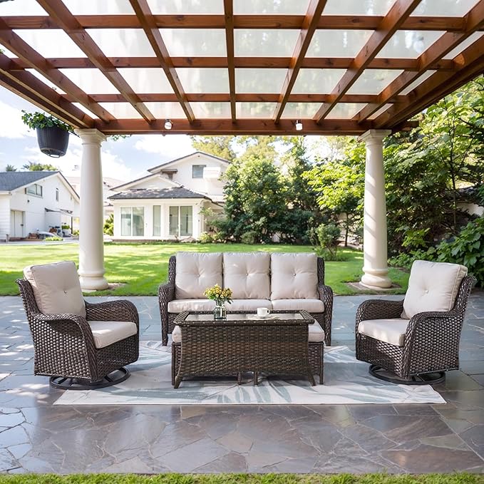 Wicker Outdoor Furniture Patio Furniture Set - 6 Piece Patio Conversation Set with Swivel Rocker Chairs, Rattan Sofa, Ottomans and Coffee Table, Beige Cushion