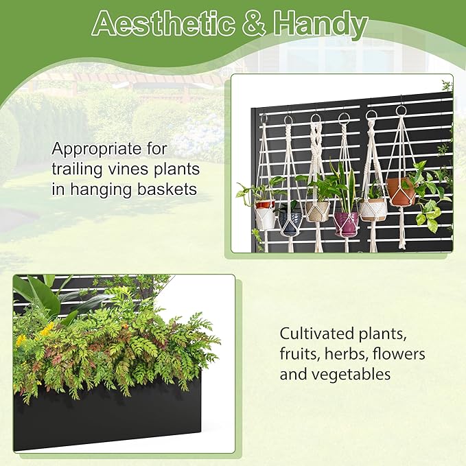 Trellis for Climbing Plants Outdoor,Mental Garden Bed with Drainage Holes Outdoor Privacy Screen Design Tall planters for herb Flower Vegetables 73"x47"x16", Black-Louvered