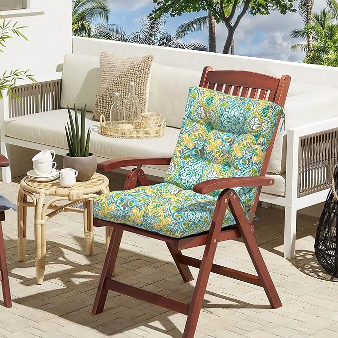 LVTXIII Outdoor Tufted Low Back Cushions, Solid Fluffy Seat and Back Chair Cushion with Ties, Patio Replacement Rocking Chair Cushion for Outdoor Furniture Use, 21 W x 21D, 2 Pack, Damask Green