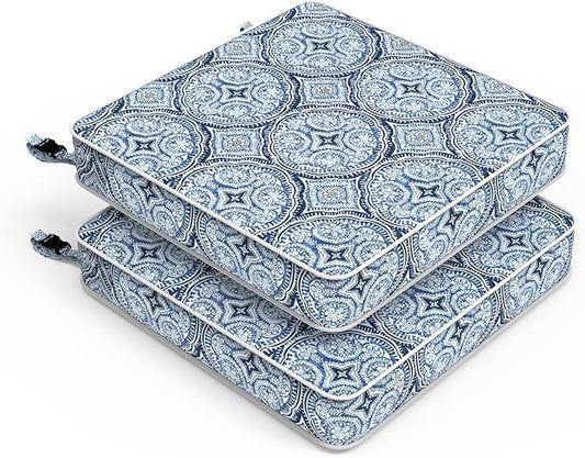 LVTXIII Patio Chair Cushions 22"x22"x3", Water-Repellent Outdoor Seat Cushions for Patio Furniture, Square Chair Pads with Ties for Home Garden Decoration, Set of 2, Medallion Blue