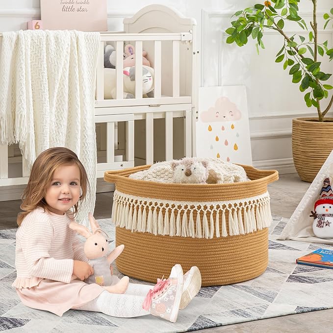 KAKAMAY Large Blanket Basket (20"x13"),Woven Baskets for storage Baby Laundry Hamper, Cotton Rope Blanket Basket for Living Room, Laundry, Nursery, Pillows, Baby Toy chest (Brown Fringe)