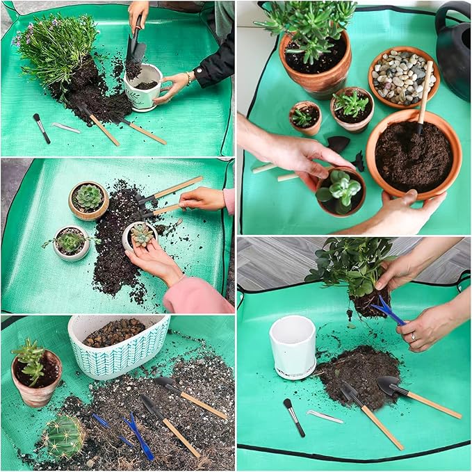 Plant Repotting Mat for Garden, 2 Pcs Waterproof Potting Mat Foldable Indoor Plant Mat Portable Square Gardening Mat Potting Tray with 6 Pcs Mini Garden Tools Set for Plant Lovers Gardening Gifts