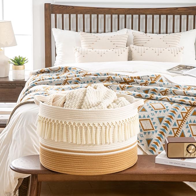 KAKAMAY Large Blanket Basket (20"x13"),Woven Baskets for storage Baby Laundry Hamper, Cotton Rope Blanket Basket for Living Room, Laundry, Nursery, Pillows, Baby Toy chest (White Fringe)