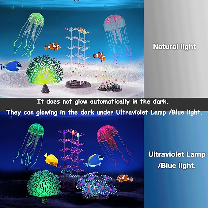 Lpraer 5 Packs Glow Aquarium Decorations Branch Coral Tree Glowing Jellyfish Simulation Glow Plant Glowing Effect Silicone for Fish Tank Decorations