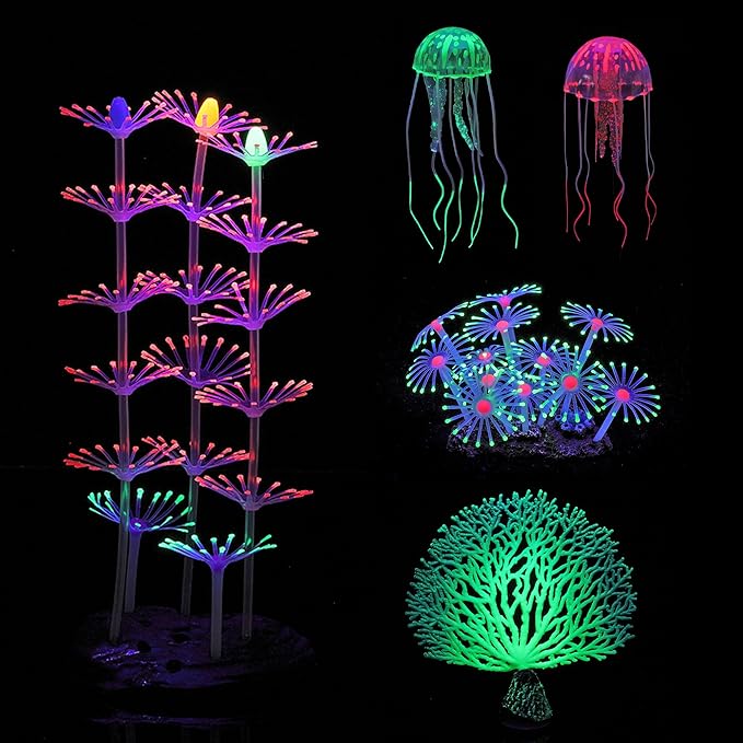 Lpraer 5 Packs Glow Aquarium Decorations Branch Coral Tree Glowing Jellyfish Simulation Glow Plant Glowing Effect Silicone for Fish Tank Decorations