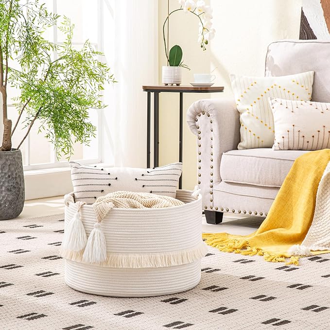 KAKAMAY Large Blanket Basket (20"x13"),Woven Baskets for storage Baby Laundry Hamper, Cotton Rope Blanket Basket for Living Room, Laundry, Nursery, Pillows, Baby Toy chest (White)