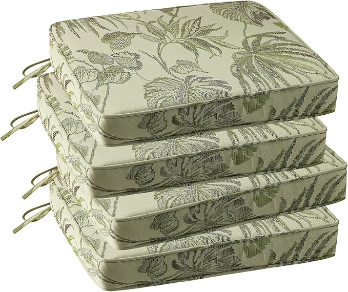 Outdoor Square Corner Seat Cushion, 18.5"x16"x3", Set of 4, Non Slip Seat Cushion Pads with Removable Cover for Patio Furniture, Garden Yard Lawn, Dark Green Vine
