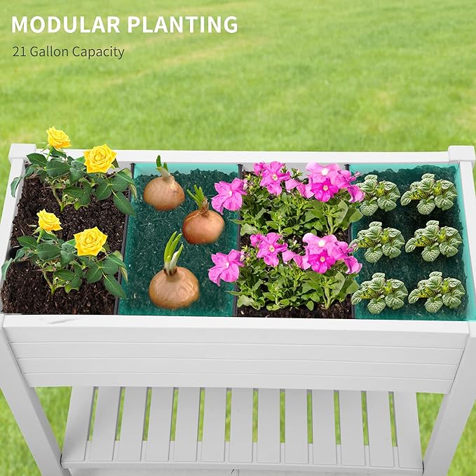YITAHOME 43.3x17.7x34 in Elevated Garden Bed, Outdoor Plastic Planter Box with Wheels, Legs, Drain Plug, and Storage Shelf for Plants, Vegetables, Flowers, Herbs, Grayish-White