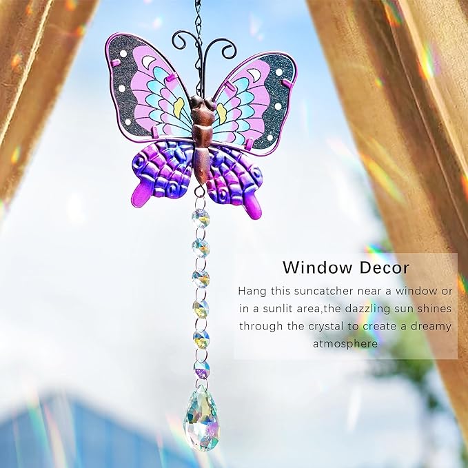 Set 2 Metal Butterfly Suncatchers for Windows - 14" Outdoor Fence Wall Art Decor, Rainbow Prisms Sun Catchers with Crystals Hanging for Home Garden Ornament