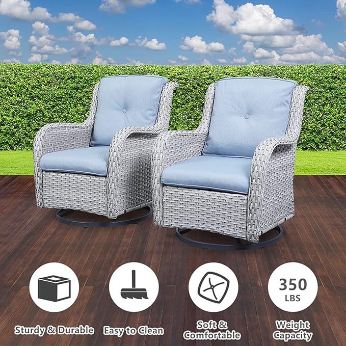 Outdoor Swivel Rocker Furniture 5 Pieces Patio Wicker Furniture Sets, Rattan Patio Swivel Glider Chairs with 2 Ottoman and Glass Side Table