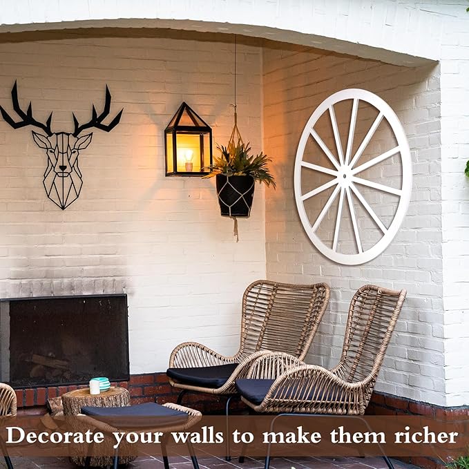 Wood Wagon Wheel Decorative Old Western Style Wagon Wheel Decor Vintage Rustic Wall Hanging Wood Cartwheel Decor for Garden Bar Patio Garage Farmhouse(24 Inch,Old White)