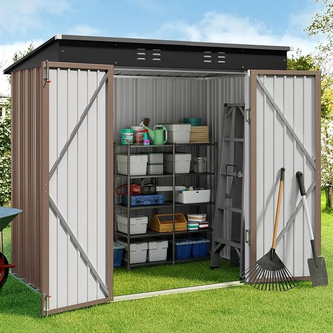 Gizoon 6' x 4' Outdoor Storage Shed with Double Lockable Doors, Anti-Corrosion Metal Garden Shed, Waterproof Shed Outdoor Storage Clearance for Backyard Patio Lawn-Brown