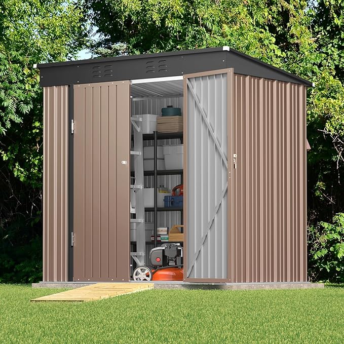 Gizoon 6' x 4' Outdoor Storage Shed with Double Lockable Doors, Anti-Corrosion Metal Garden Shed, Waterproof Shed Outdoor Storage Clearance for Backyard Patio Lawn-Brown