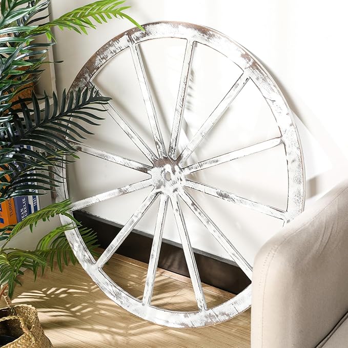 Wood Wagon Wheel Decorative Old Western Style Wagon Wheel Decor Vintage Rustic Wall Hanging Wood Cartwheel Decor for Garden Bar Patio Garage Farmhouse(30 Inch,Old White)