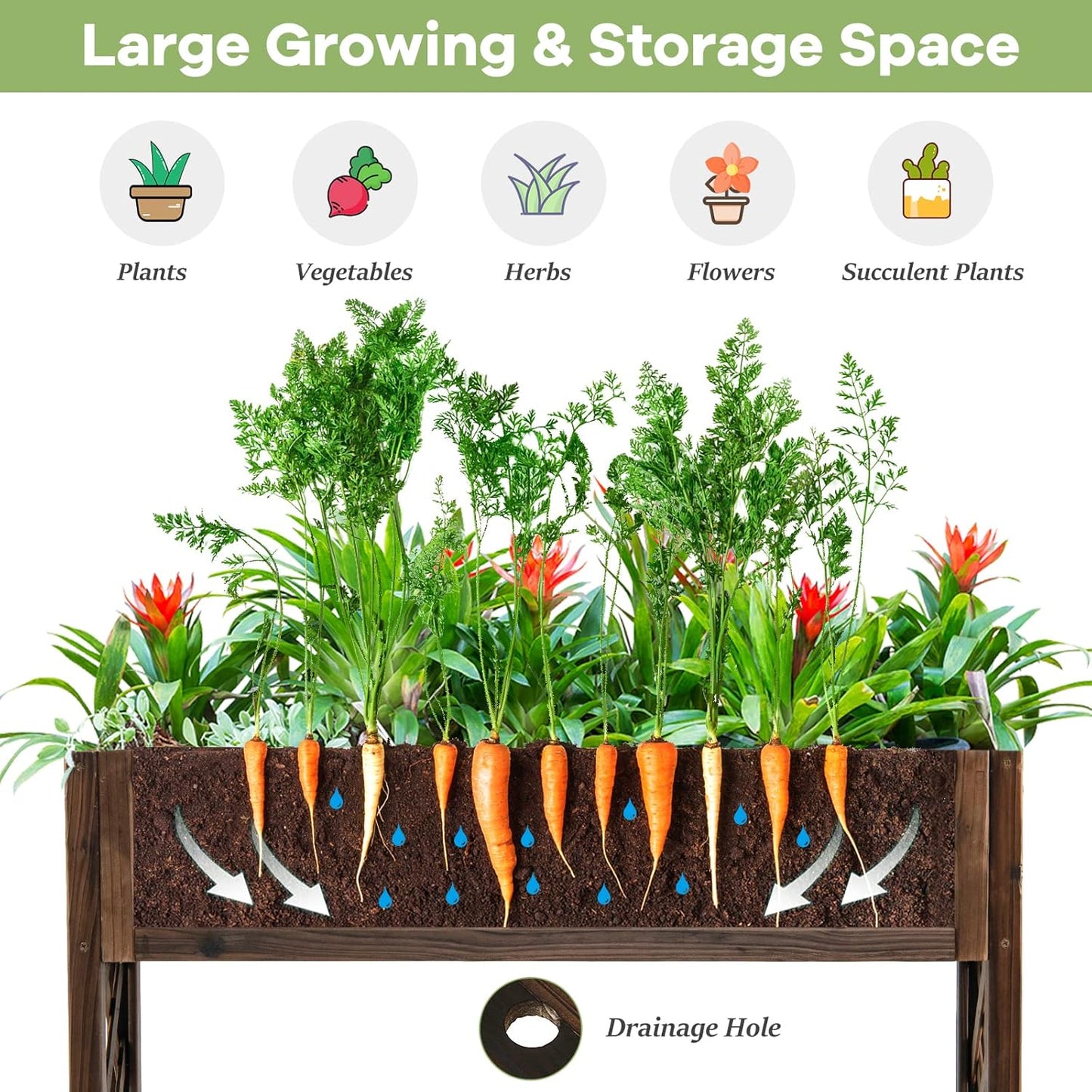 S AFSTAR 2-Tier Raised Garden Bed, Indoor Outdoor Flower Bed with Bottom Shelf Fence, 35.5â H Wood Elevated Planter Box for Vegetable Flower Herb Succulent, Ideal for Patio Balcony Backyard