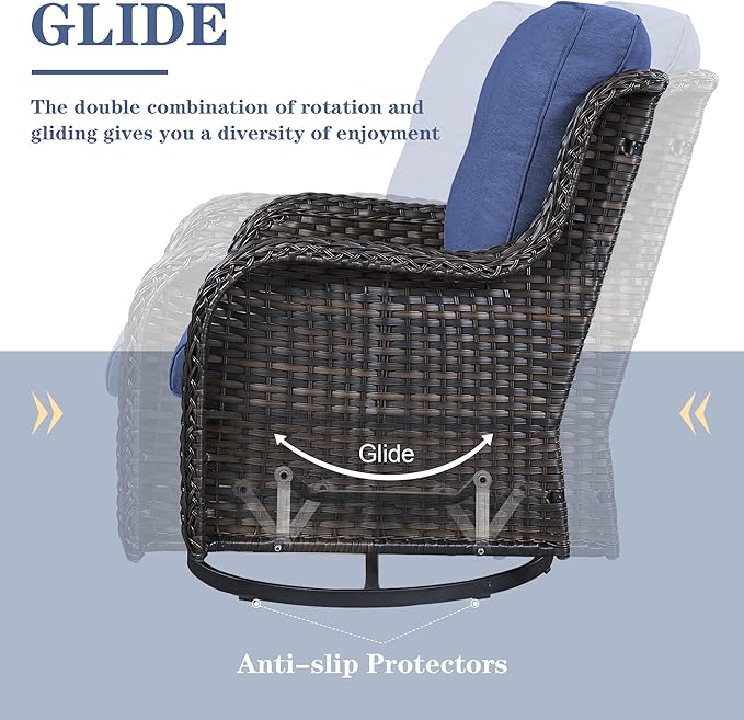 Wicker Patio Furniture Sets - 8 Piece Outdoor Rattan Furniture Conversation Sets with 4 Swivel Rocker Chairs, Rattan Sofa, Wicker Ottomans and Coffee Table, Brown/Blue