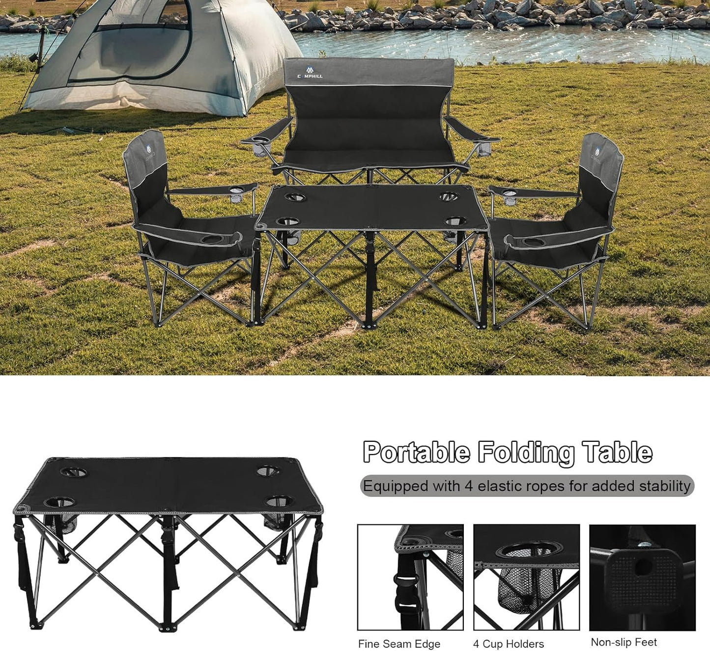 CAMPHILL Camping Chair Set of 3, Outdoor Folding Camping Chairs for Heavy People with Cup Holder & Carry Bag,Collapsible Chair Include One Sofa Chair and Two Single Chair,Support up to 500lbs