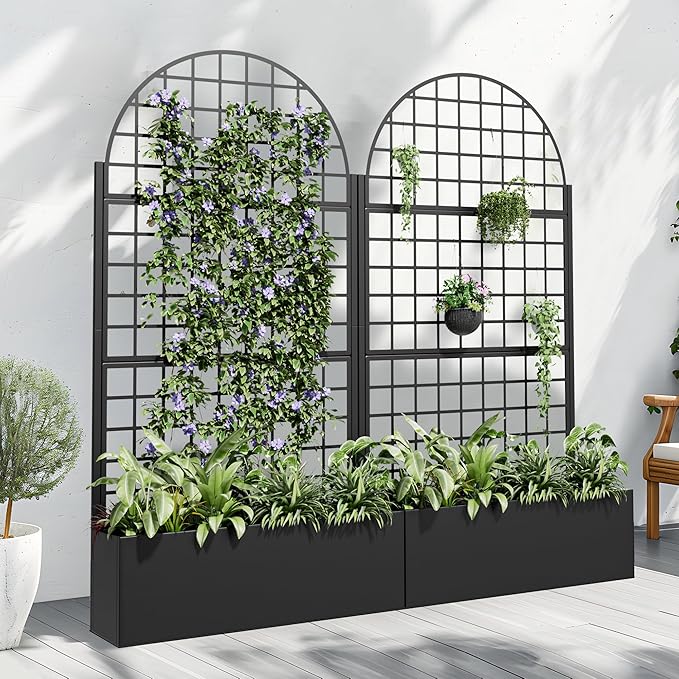 Casaphoria Metal Raised Garden Bed with Trellis and Wheels, 72"x35"x16" Arched Planter Box for Climbing Plants, Vegetables & Vines, Features Drainage Holes and Privacy Screen (Black-Grid)