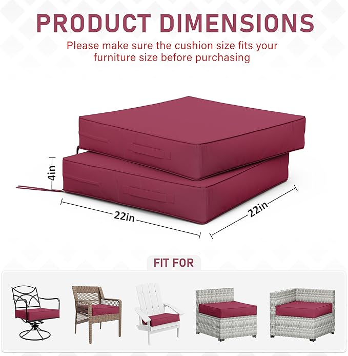 Patio Chair Cushions 22 X 22 X 4 Inch Waterproof Outdoor Seat Cushions for Patio Furniture, Outdoor Sofa Couch Pads with Ties & Handle, Set of 2, Fuchsiared