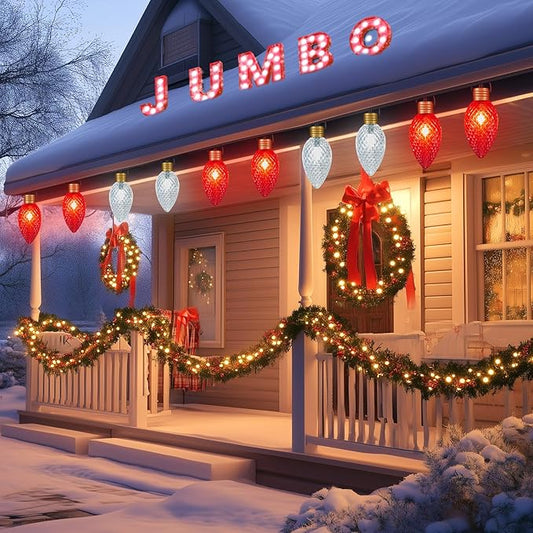 2 Pack 11Feet 5 LED Super Jumbo Christmas String Lights or Pathway Marker Lights, Outdoor Xmas Decorations- Jumbo C9 Hanging Lights Waterproof Lawn Dec for Holiday Home Tree Roof Yard, Red & White