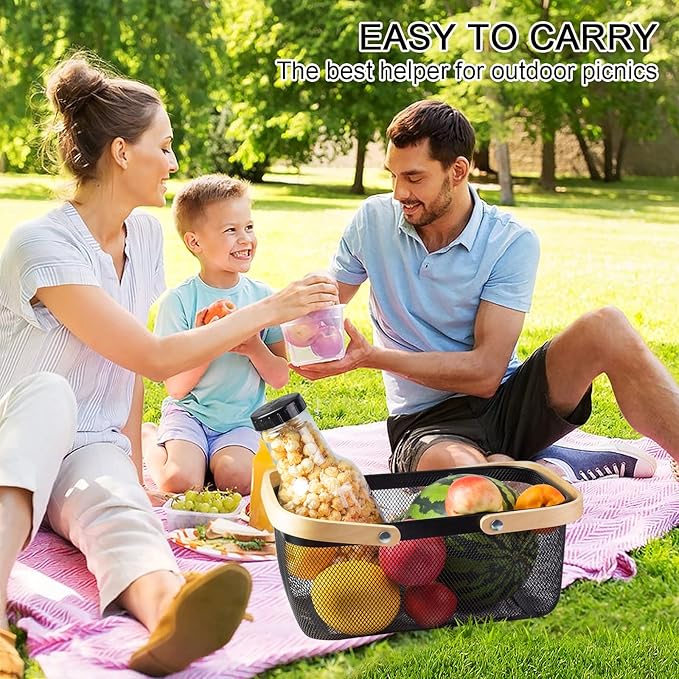 Portable Garden Harvest Basket-Mesh Design Natural Bamboo Handle Wire Storage Baskets,Mesh Basket with Handle Organize Items Reduce Space Occupation,Suitable for Kitchen,Garden,Picnic(Black)