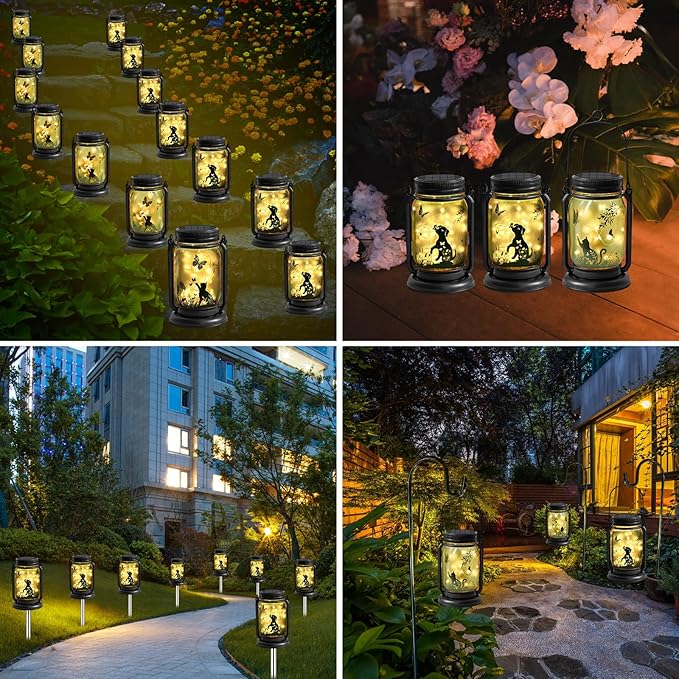 4 Pack Outdoor Hanging Solar Lantern, Cat & Dog Butterfly Theme Vintage Glass Mason Jar Solar Fairy Lights, Gifts for Mom, Father, Waterproof Garden Lights for Patio Yard Lawn Tree Party Decor