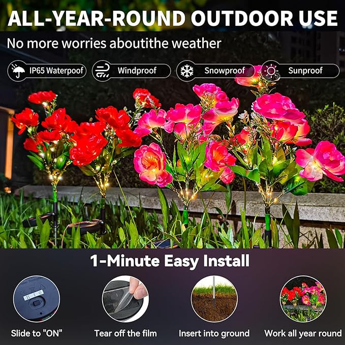 Neporal Solar Flowers Outdoor Waterproof Camellia,4PK Decorative Garden Lights Solar Powered Dusk to Dawn, 7-Stem, 2 Lighting Modes Plants Lights for Yard, Backyard, Porch (Pink+Red)