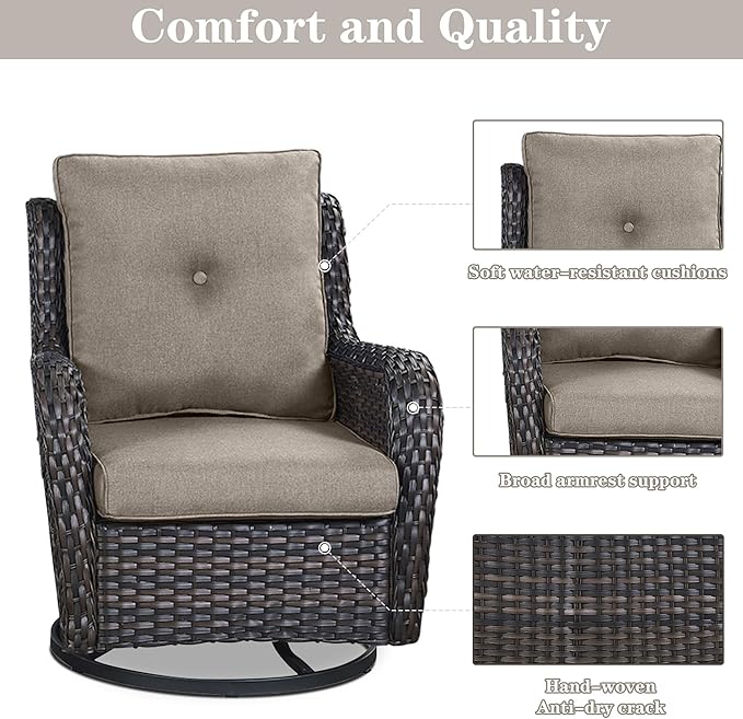 5 Pieces Patio Furniture Sets Wicker Outdoor Furniture, Rattan Patio Swivel Glider Chairs with 2 Ottoman and Glass Side Table