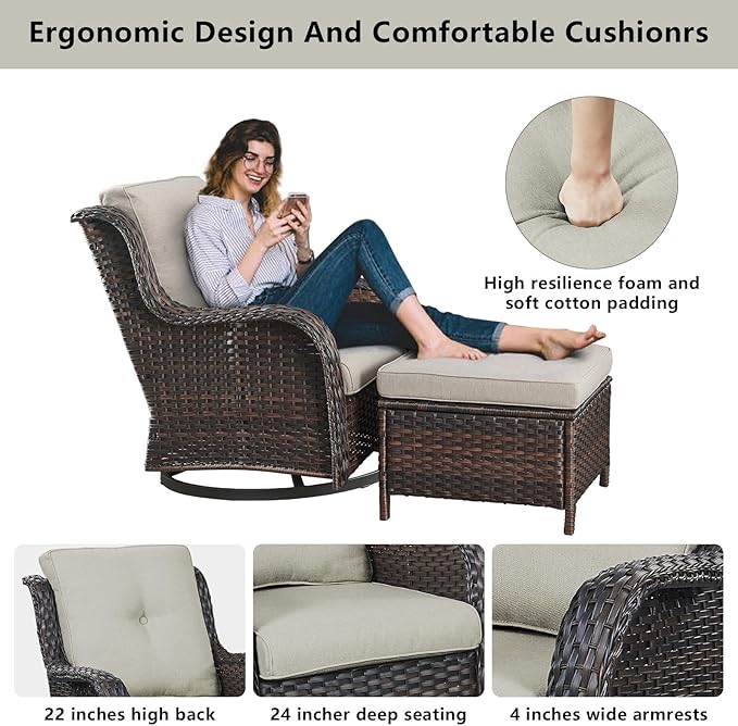 Wicker Outdoor Furniture Patio Furniture Set - 6 Piece Patio Conversation Set with Swivel Rocker Chairs, Rattan Sofa, Ottomans and Coffee Table, Beige Cushion