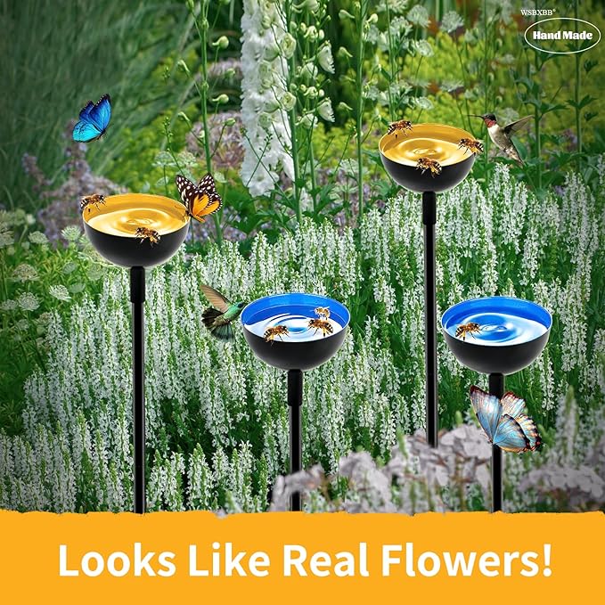 2 Pack Bee Cups For Garden, Bee Waterer And Butterfly Water Stations, Bee Water Catcher Cups For Thirsty Pollinators, Bee Bath, Colorful Metal Garden Sculpture Stakes Decor, Bee Houses For The Garden
