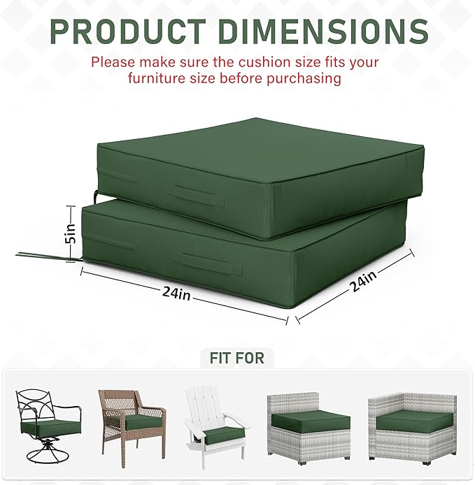Patio Chair Cushions 24 X 24 X 5 Inch Waterproof Outdoor Seat Cushions for Patio Furniture, Outdoor Sofa Couch Pads with Ties & Handle, Set of 2, Green