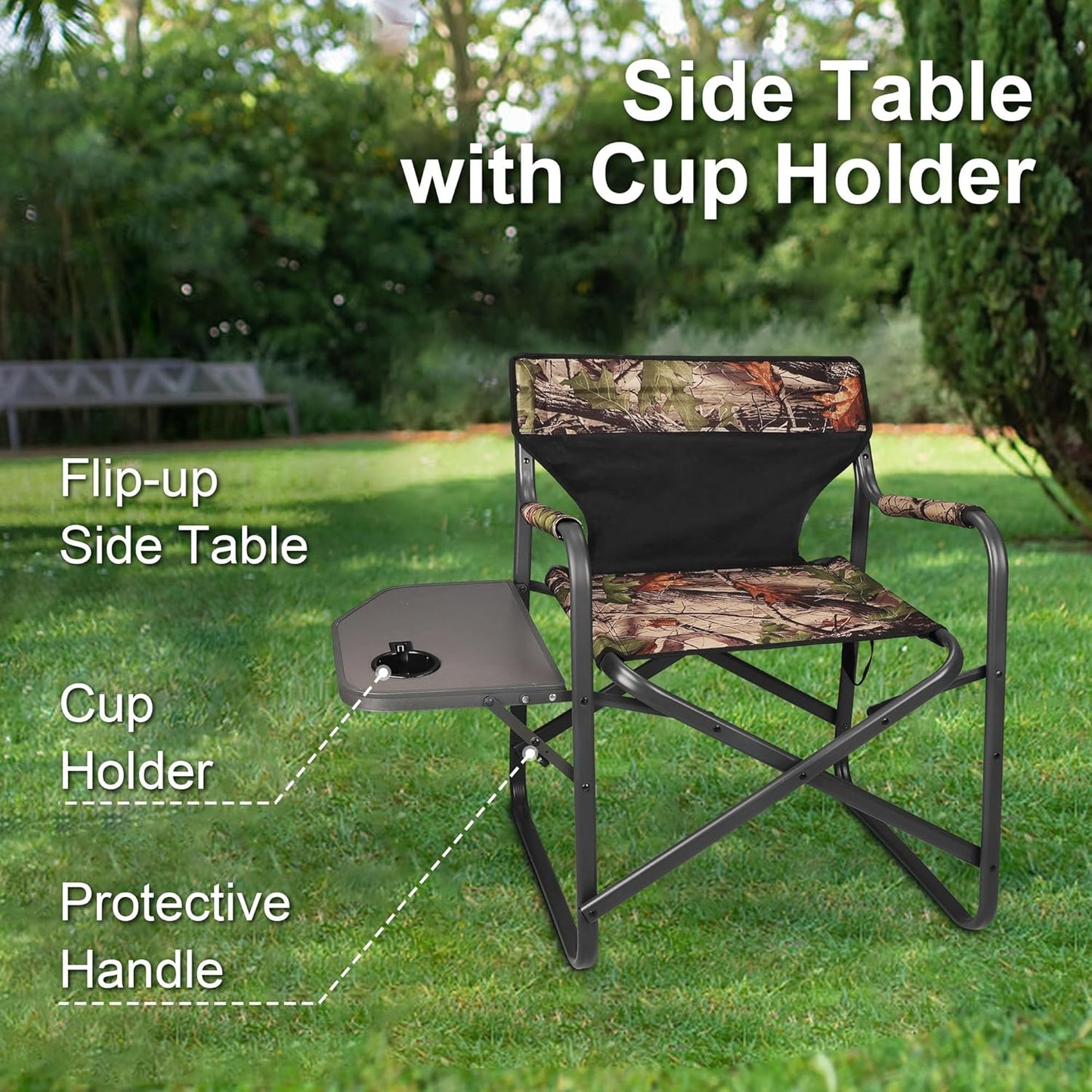 CAMPHILL Directors Camping Chairs-Lightweight Folding Lawn Chairs with Side Table-Outdoor Foldable Camp Chair for Hunting Fishing Travel-Camouflage,Heavy Duty Support 300lbs