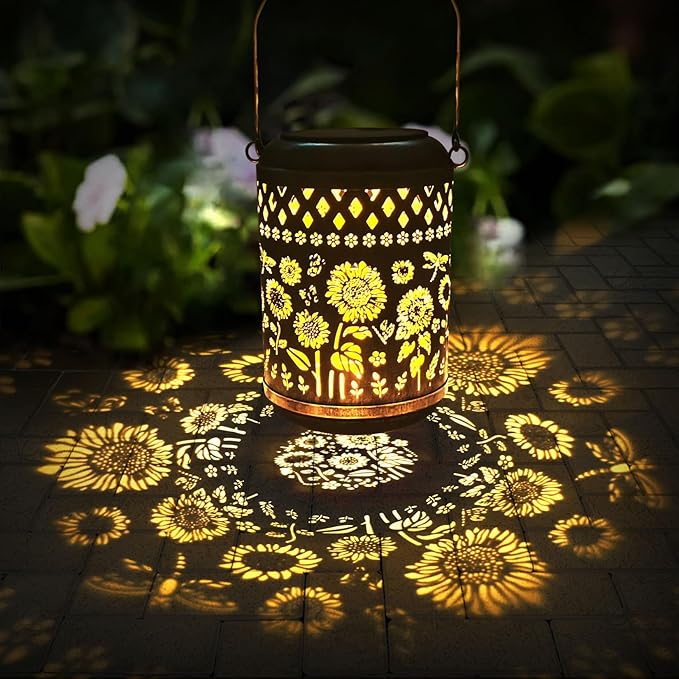 Kaixoxin 2 Pack Solar Garden Decor Metal Lantern Sunflower Table Lamp Bronze Outdoor Dercoration Great Gift for Women Mon Grandma Hanging Lights for Patio Courtyard Garden