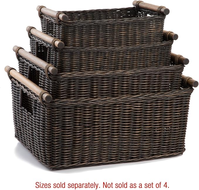The Basket Lady Pole Handle Wicker Storage Basket, Small, 14 in L x 10 in W x 7.5 in H, Antique Walnut Brown