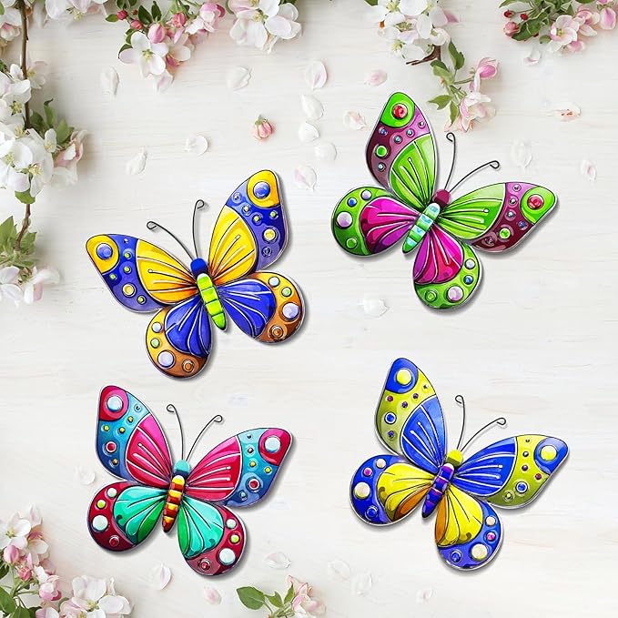 ULENDIS 4 Pack Metal Butterfly Wall Art Decor, 3D Colorful Outdoor Wall Art Fence Decorations for Patio and Yard, Hanging Decor for Garden Living Room Balcony, Gift for Family Friends(C)