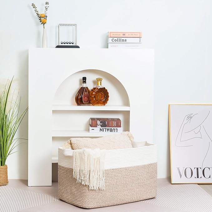 MINTWOOD Design 22in Extra Large Blanket Basket Holder Living Room, Rectangle Rope Woven Storage Basket with Handles for Laundry, Pool Towels, and Shoes, Dog Toy Organizer Bin Box, Light Brown