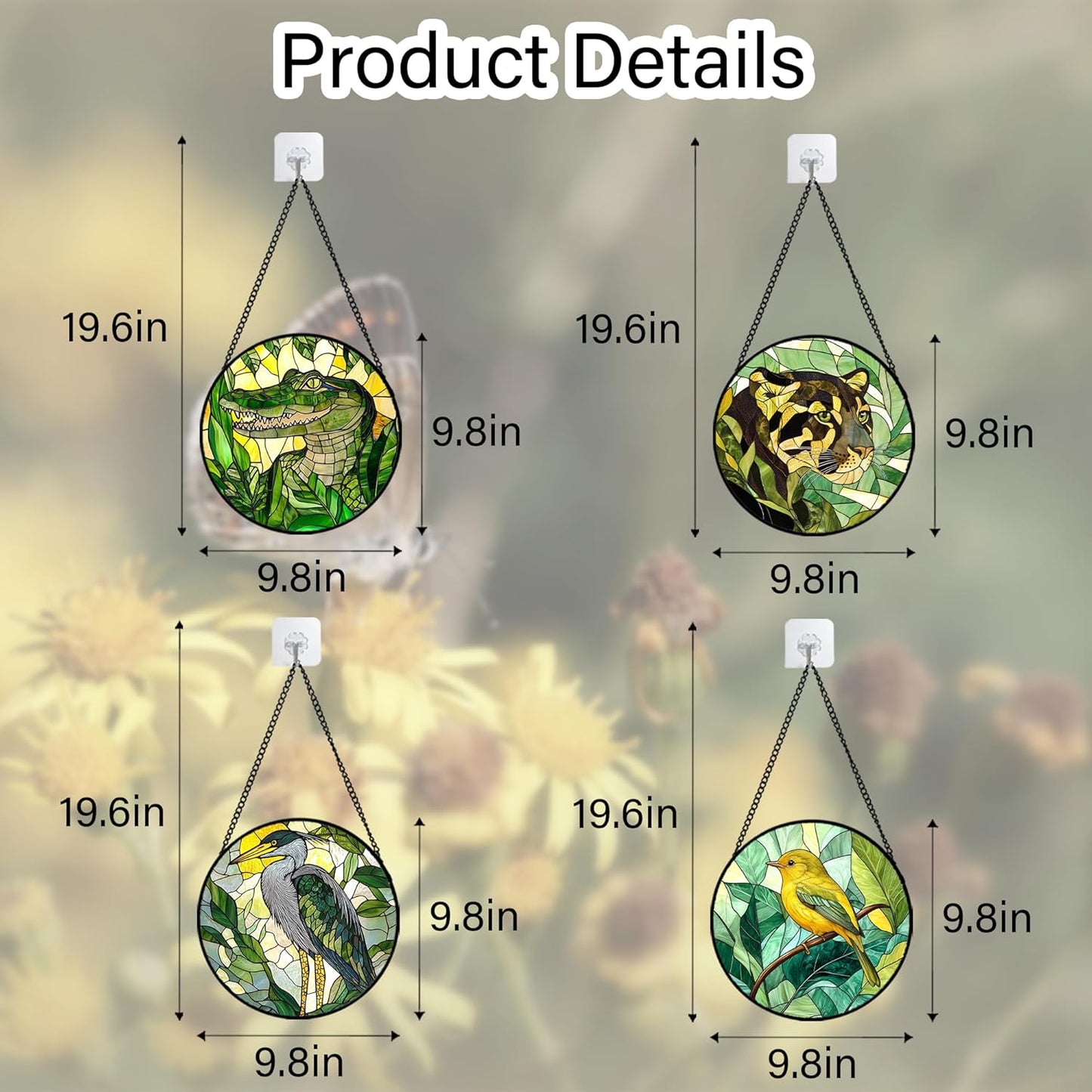Stained Glass Window Hanging 4 Pcs Set Green Plants Animals Theme 9.8" - Bird Tiger Suncatcher Door Garden Sun Catcher Decor Birthday for Mom Woman Nana Men Friend