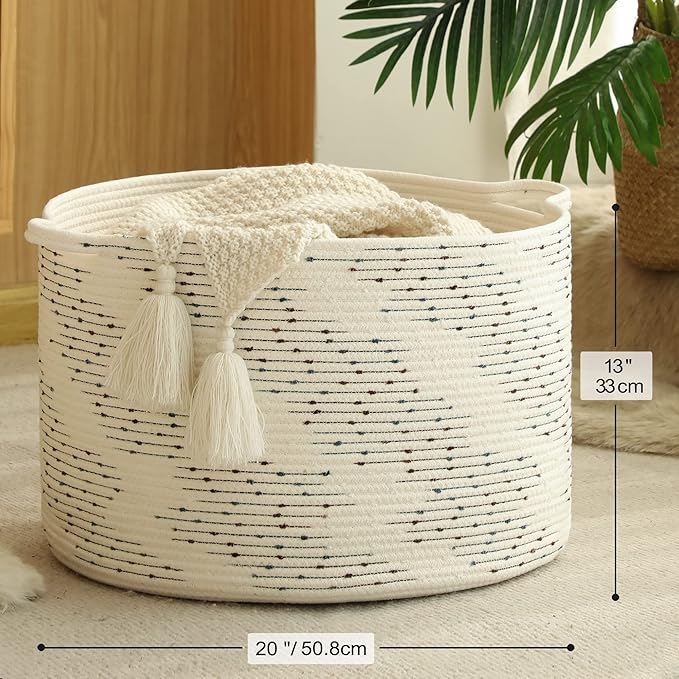KAKAMAY Large Blanket Basket (20"x13"),Woven Baskets for storage Baby Laundry Hamper,Cotton Rope Blanket Basket for Living Room, Laundry, Nursery, Pillows, Off White with Blue & Brown Dotted Pattern