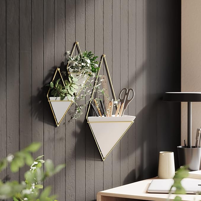 Umbra Trigg Hanging Planter Vase Wall Decor, Pot and Container for Succulents, Cactus, Faux Plants, and More, Large, White/Brass