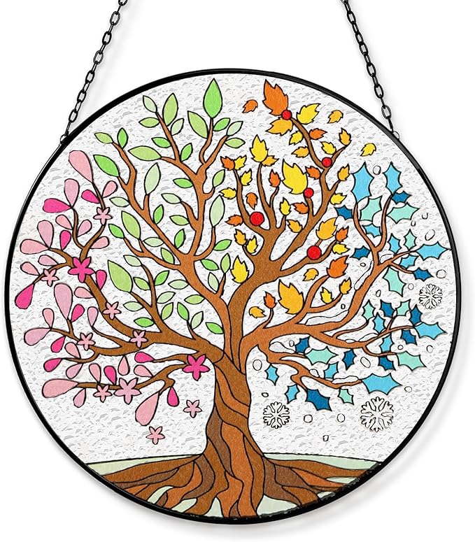 Tuitessine Big Size Tree of Life Stained Glass Suncatcher Four Season Theme Colorful Leaves Wall Window Hanging Ornament Hand-Painted Glass Panel Gift for Women Christmas Thanksgiving Gift 7.9 × 7.9”
